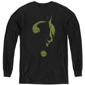 Black youth long sleeve t-shirt with The Batman (2022) Question Mark graphic