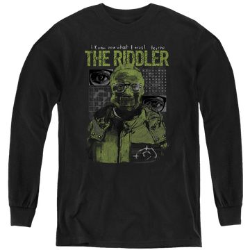 Black youth long sleeve t-shirt with The Batman (2022) Riddler Illustration graphic