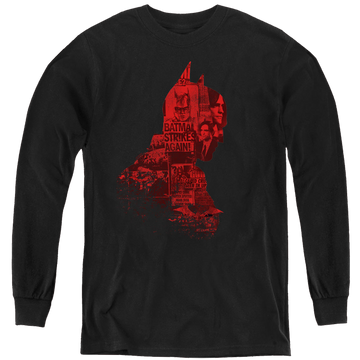 Black youth long sleeve t-shirt with The Batman (2022) News Silhouette graphic