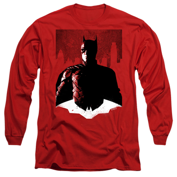 Red men's long sleeve t-shirt with The Batman (2022) Noir Batman graphic