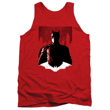 Red men's tank with The Batman (2022) Noir Batman graphic