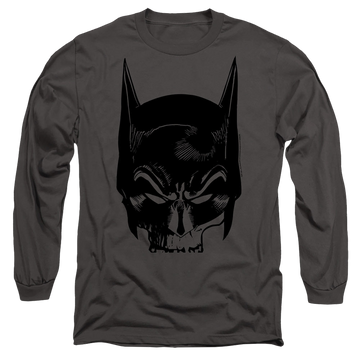 Charcoal men's long sleeve t-shirt with The Batman (2022) Skull On Gray graphic