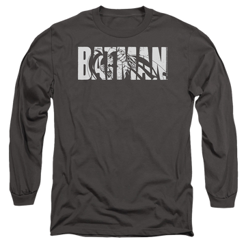 Charcoal men's long sleeve t-shirt with The Batman (2022) Text On Gray graphic