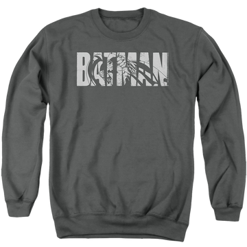 Charcoal men's crewneck sweatshirt with The Batman (2022) Text On Gray graphic
