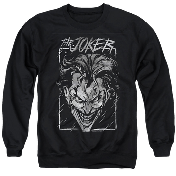 Black men's crewneck sweatshirt with The Batman (2022) Joker Storm On Black graphic