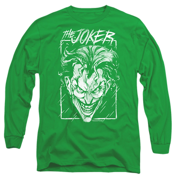 Kelly green men's long sleeve t-shirt with The Batman (2022) Joker Storm On Green graphic