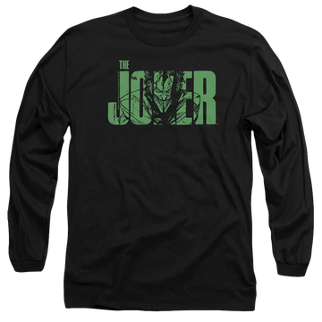 Black men's long sleeve t-shirt with The Batman (2022) Joker Text On Black graphic