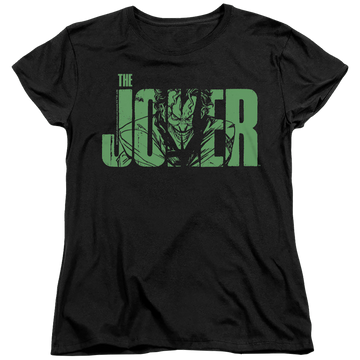 Black women's t-shirt with The Batman (2022) Joker Text On Black graphic