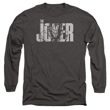 Charcoal men's long sleeve t-shirt with The Batman (2022) Joker Text On Gray graphic