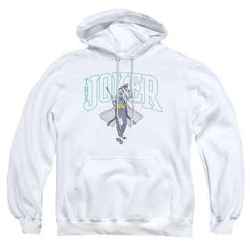 White pullover hoodie with The Batman (2022) Joker Varsity On White graphic