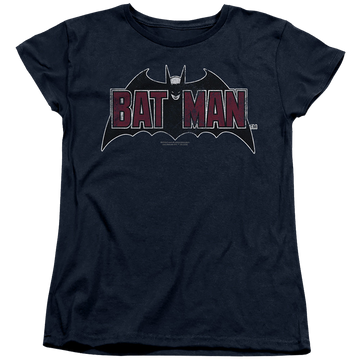 Navy women's t-shirt with The Batman (2022) Vintage Bat Logo On Navy graphic
