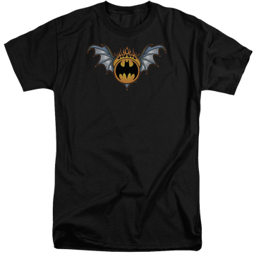 Black men's tall fit t-shirt with Batman Bat Wings Logo graphic