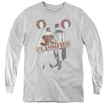 Athletic heather youth long sleeve t-shirt with Batman Classic Tv Series Classified graphic