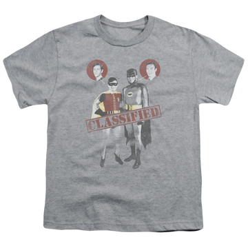 Athletic heather youth t-shirt for ages 8 to 12 with Batman Classic TV Series Classified graphic