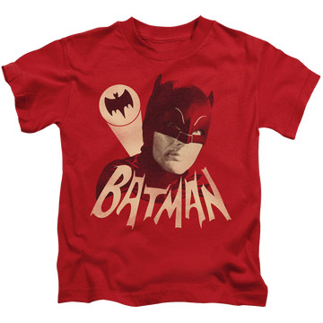 Red kid's t-shirt for ages 4 to 7 with Batman Classic TV Series Bat Signal graphic