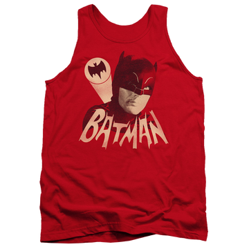 Red men's tank with Batman Classic TV Series Bat Signal graphic