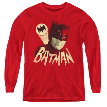 Red youth long sleeve t-shirt with Batman Classic Tv Series Bat Signal graphic