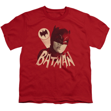 Red youth t-shirt for ages 8 to 12 with Batman Classic TV Series Bat Signal graphic