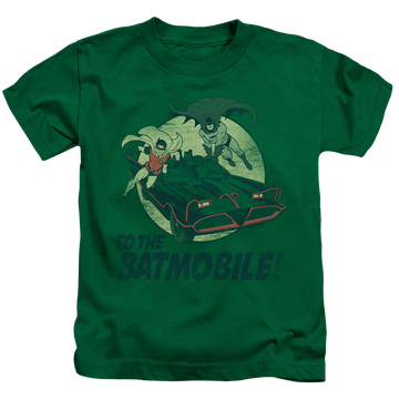Kelly green kid's t-shirt for ages 4 to 7 with Batman Classic TV Series To The Batmobile graphic
