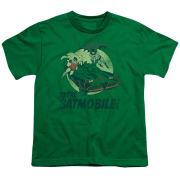Kelly green youth t-shirt for ages 8 to 12 with Batman Classic TV Series To The Batmobile graphic
