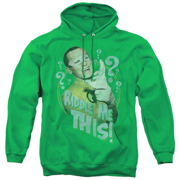 Kelly green pullover hoodie with Batman Classic Tv Series Riddle Me This graphic