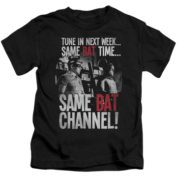 Black kid's t-shirt for ages 4 to 7 with Batman Classic TV Series Bat Channel graphic