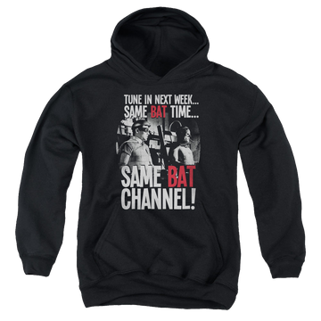 Black youth hoodie for ages 8 to 12 with Batman Classic TV Series Bat Channel graphic