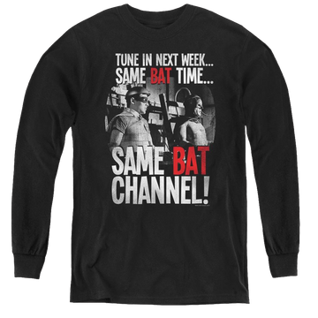 Black youth long sleeve t-shirt with Batman Classic Tv Series Bat Channel graphic