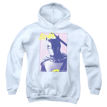 White youth hoodie for ages 8 to 12 with Batman Classic Tv Series Wayne 80S graphic