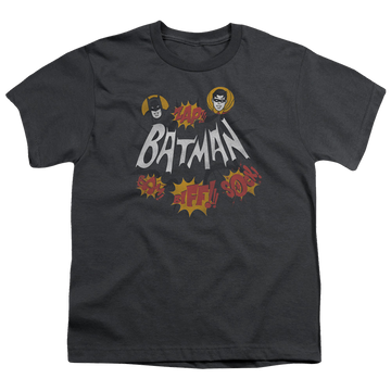 Charcoal youth t-shirt for ages 8 to 12 with Batman Classic TV Series Sound Effects graphic