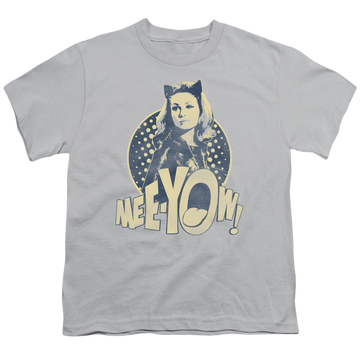 Silver youth t-shirt for ages 8 to 12 with Batman Classic TV Series Meeyow! graphic