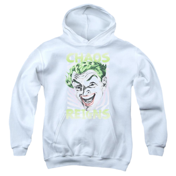 White youth hoodie for ages 8 to 12 with Batman Classic Tv Series Chaos Reigns graphic