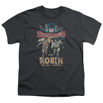 Charcoal youth t-shirt for ages 8 to 12 with Batman Classic TV Series Classic Duo graphic