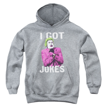 Athletic heather youth hoodie for ages 8 to 12 with Batman Classic TV Series Got Jokes graphic