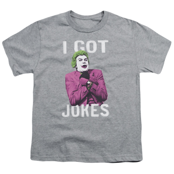Athletic heather youth t-shirt for ages 8 to 12 with Batman Classic TV Series Got Jokes graphic