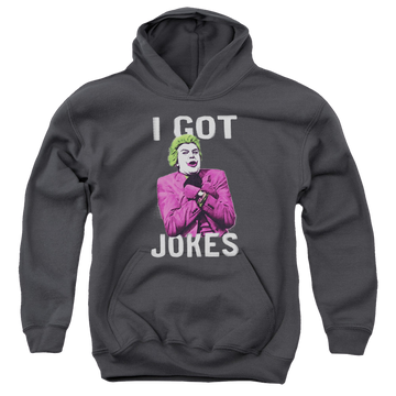 Charcoal youth hoodie for ages 8 to 12 with Batman Classic TV Series Got Jokes graphic