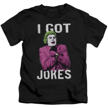 Black kid's t-shirt for ages 4 to 7 with Batman Classic TV Series Got Jokes graphic