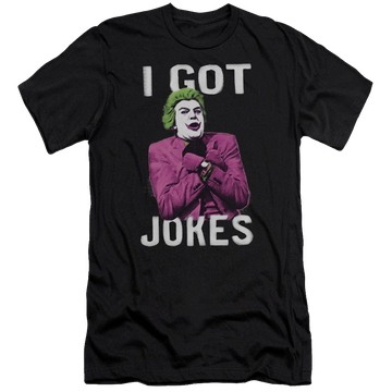Black men's premium slim fit t-shirt with Batman Classic TV Series Got Jokes graphic