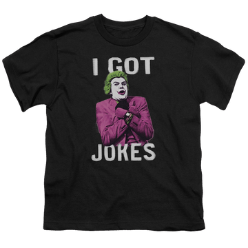 Black youth t-shirt for ages 8 to 12 with Batman Classic TV Series Got Jokes graphic