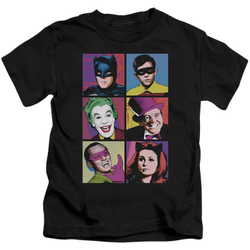 Black kid's t-shirt for ages 4 to 7 with Batman Classic TV Series Pop Cast graphic