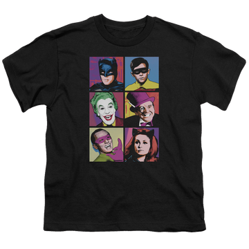 Black youth t-shirt for ages 8 to 12 with Batman Classic TV Series Pop Cast graphic