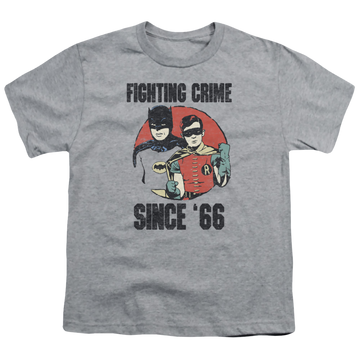 Athletic heather youth t-shirt for ages 8 to 12 with Batman Classic TV Series Since 66 graphic