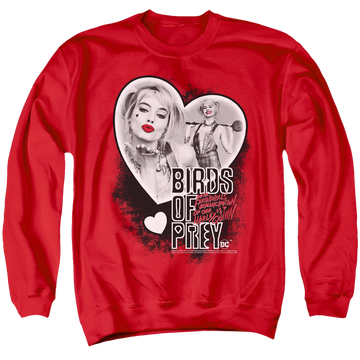 Red men's crewneck sweatshirt with Birds of Prey Heart Harley graphic