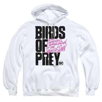 White pullover hoodie with Birds of Prey Logo graphic