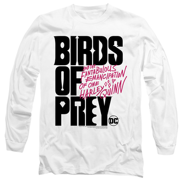 White men's long sleeve t-shirt with Birds of Prey Logo graphic