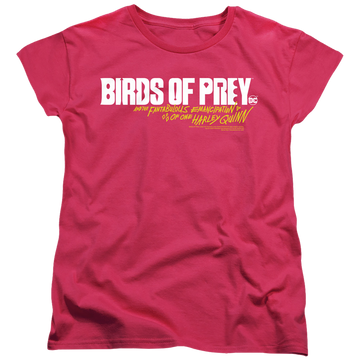 Hot pink women's t-shirt with Birds of Prey Horizontal Logo graphic