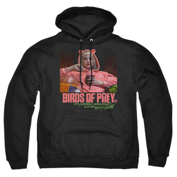 Black pullover hoodie with Birds of Prey Love Stinks graphic
