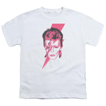 White youth t-shirt for ages 8 to 12 with David Bowie Aladdin Sane graphic