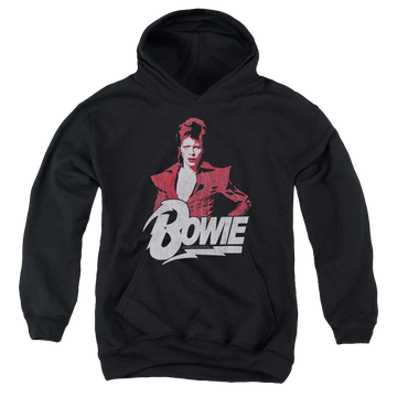 Black youth hoodie for ages 8 to 12 with David Bowie Diamond David graphic