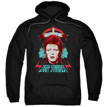 Black pullover hoodie with David Bowie Ziggy Heads graphic
